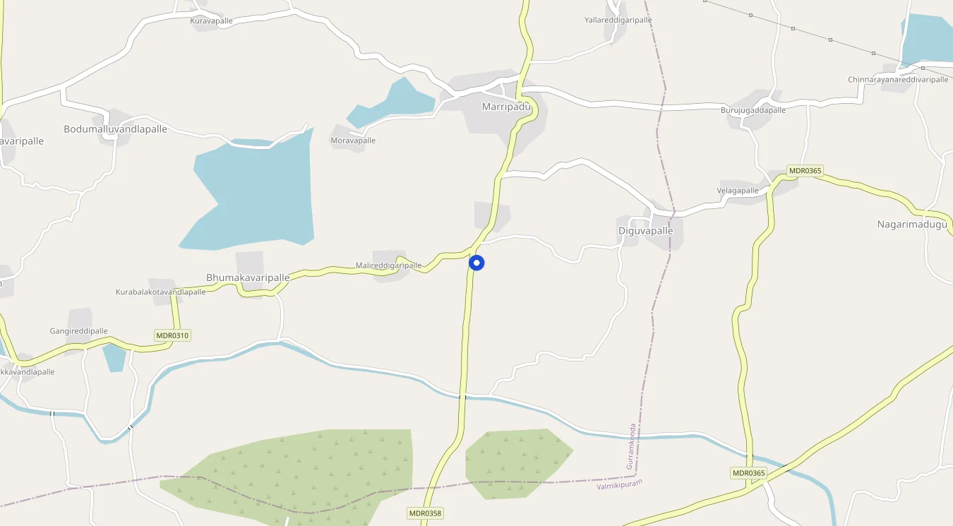 Map showing SVBS Fruit Farms and Exports at the MDR358 junction, near Marripadu village, Annamayya District, Andhra Pradesh