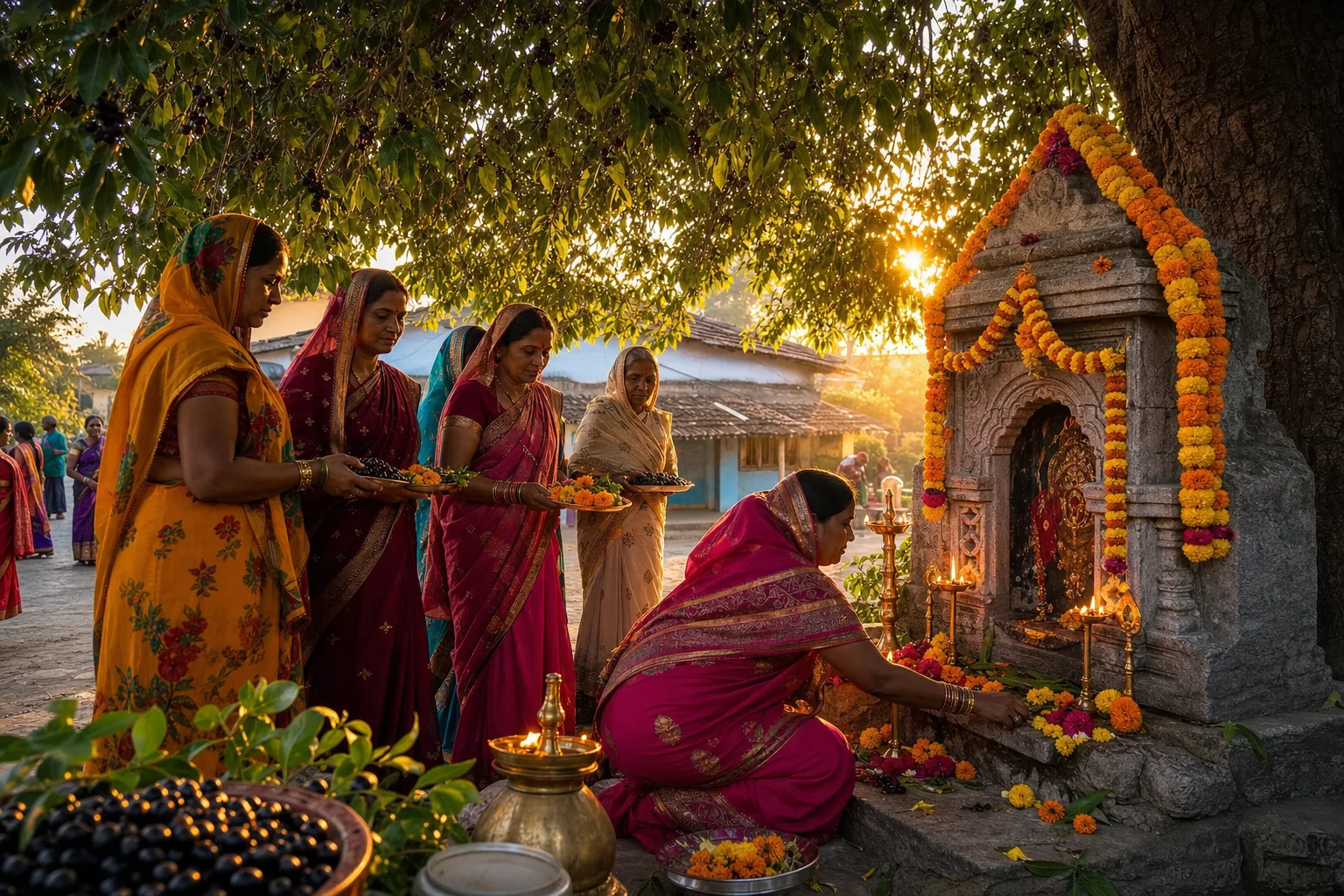 Indian village festival scene under a sacred jamun tree