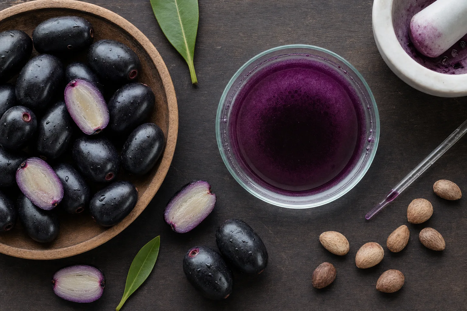 Cross-section of jamun fruit and seeds on white background