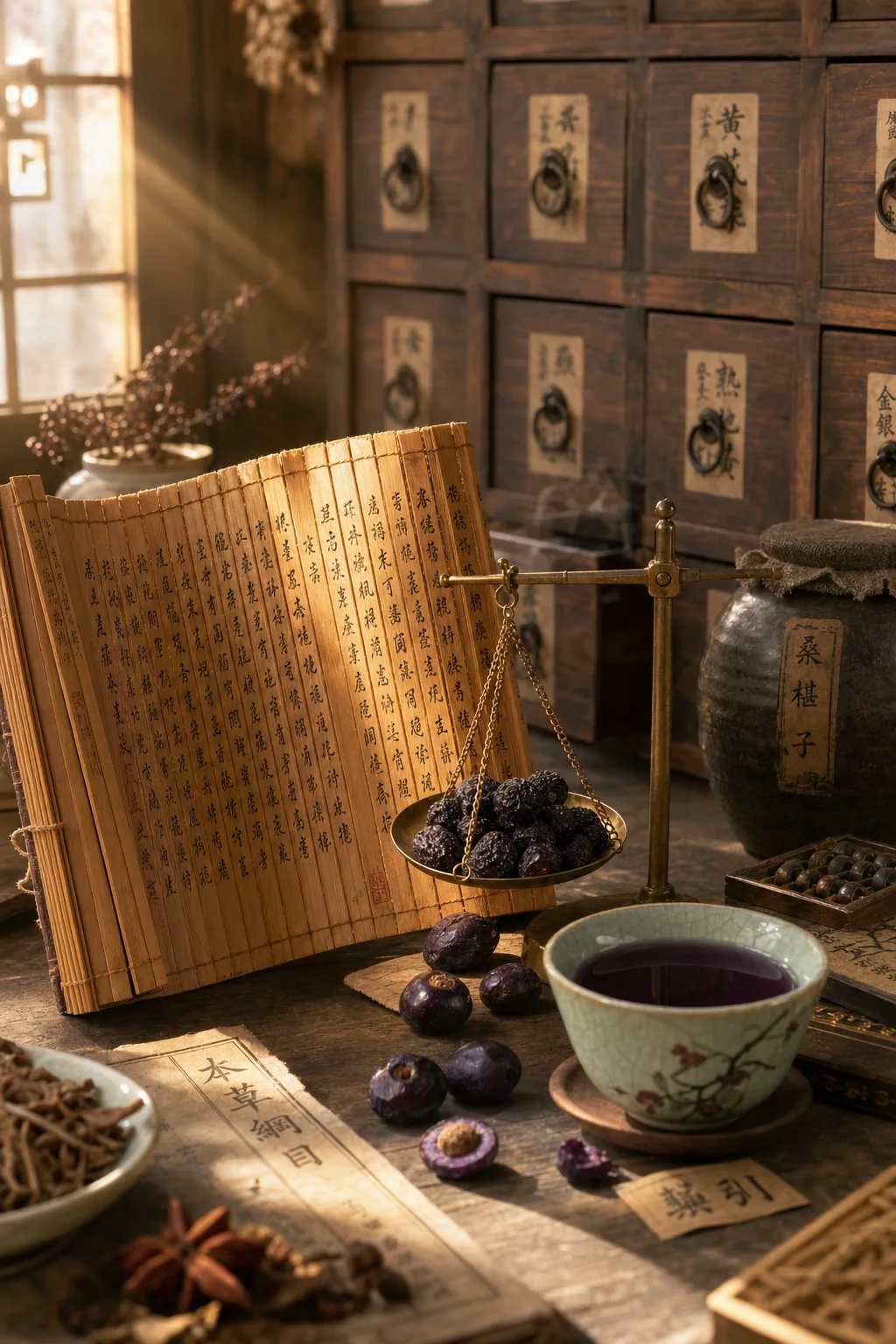 Chinese apothecary with dried herbs, scales, and jamun